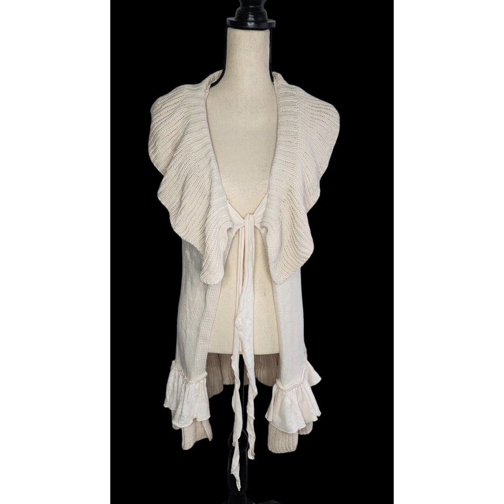 Pure Handknit Cotton Long Cardigan Front Tie Creme Boho Sweater Size S/M